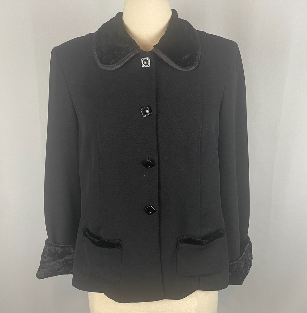 Vintage Jacket Medium Black Solid Fur Trim Minimal Pennylane Whimsigoth Y2K 90s